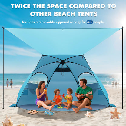 Elegear Beach Tent with Canopy 4-6 Person, 1-Second Umbrella-Style Setup Pop Up Sun Shelter Shade, UPF 50+ UV Protection Four-Layer Silver-Coated Lightweight Portable Beach Cabana - Aqua Blue