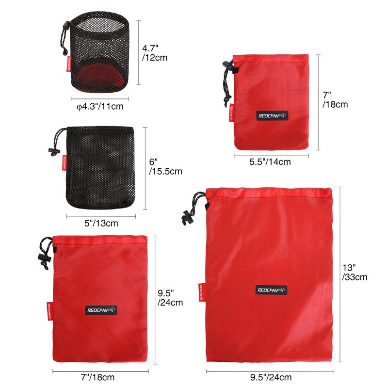 REDCAMP 5PCS Small Ditty Bags Set for Backpacking, Ultralight Nylon Mesh Drawstring Stuff Sack Assortment Storage Pouch Bags for Outdoor Camping Indoor Home, Red