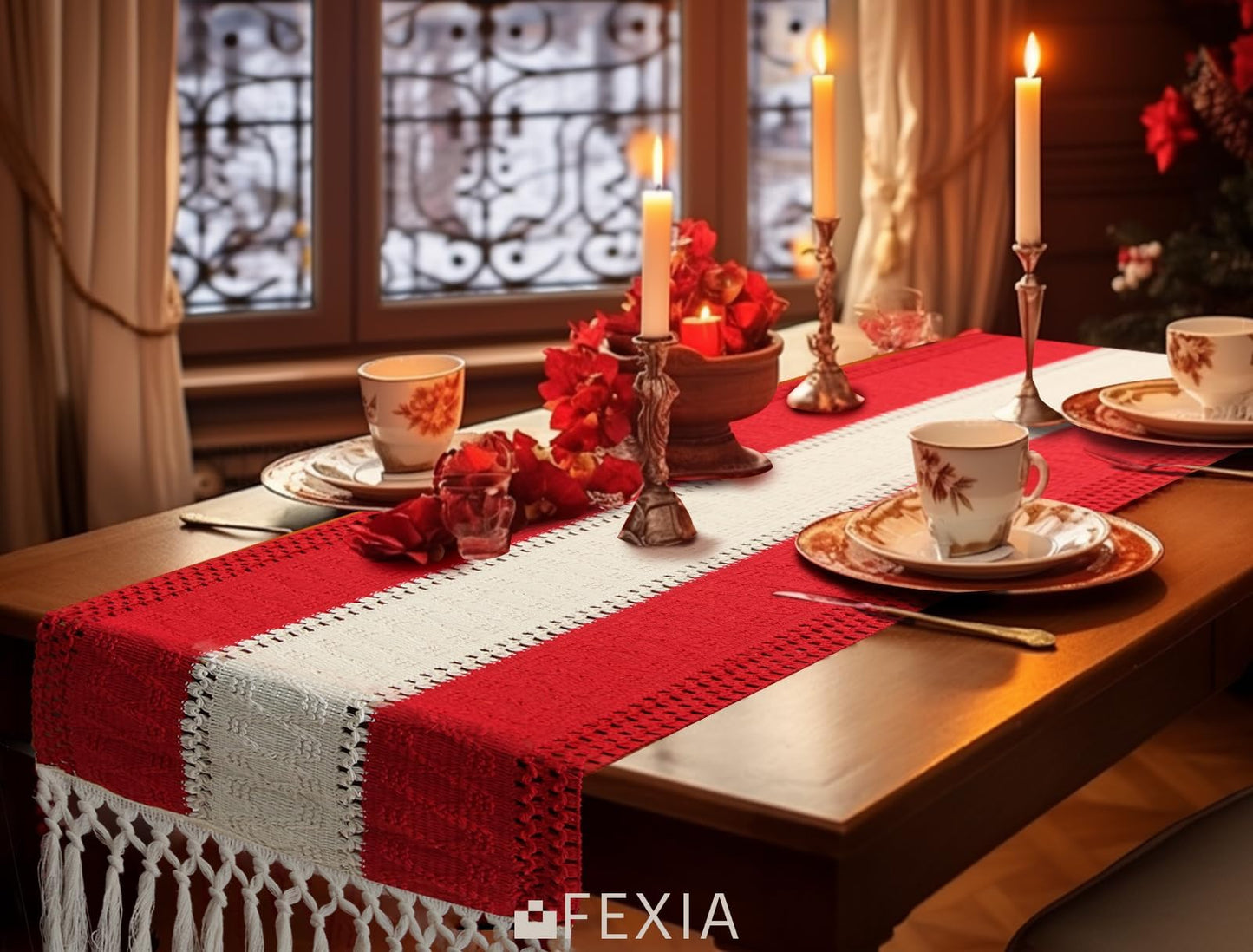 FEXIA Boho Red Table Runner for Holiday Decoration 72 Inches Long Red & Cream Christmas Table Decor for Home Party (13x72 Inches)