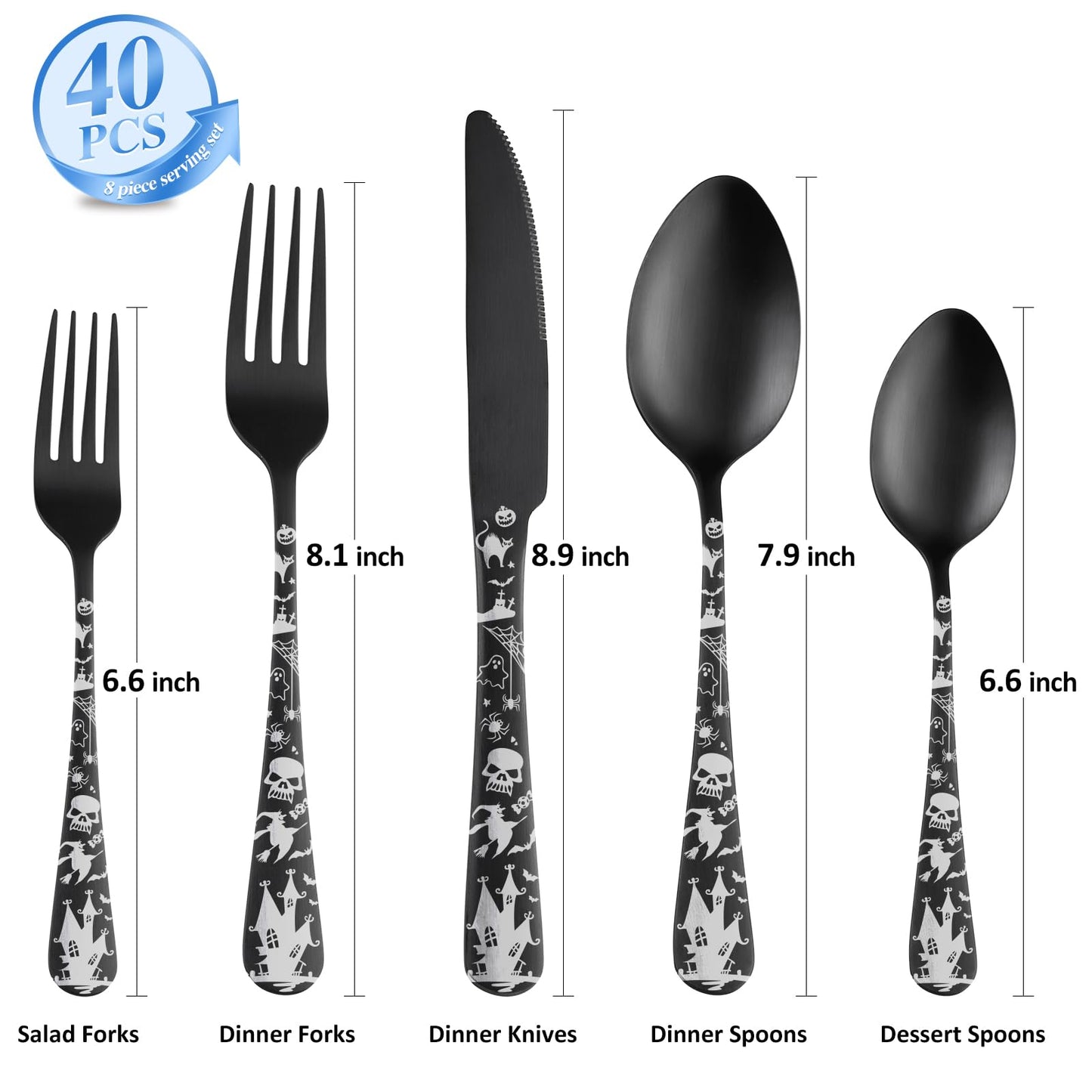 Skull Silverware Set SANLUNS 40 Piece Matte Black Unique Flatware Set for 8,Stainless Steel Fine Dining Utensils Spoons,Forks,Knife Pattern Tableware Durable Cutlery Halloween Home Kitchen,Dishwasher