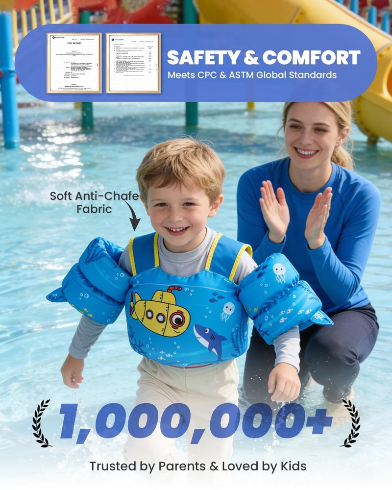 Gogokids 2-in-1 Toddler Swim Vest Pool Floaties for Kids[CPC Certified & Remove Crotch Strap]Puddle Float Jumper 24-66 Pounds, Toddler Arm Floaties Swim Jacket Water Wings for kids Boys Girls Swimmies