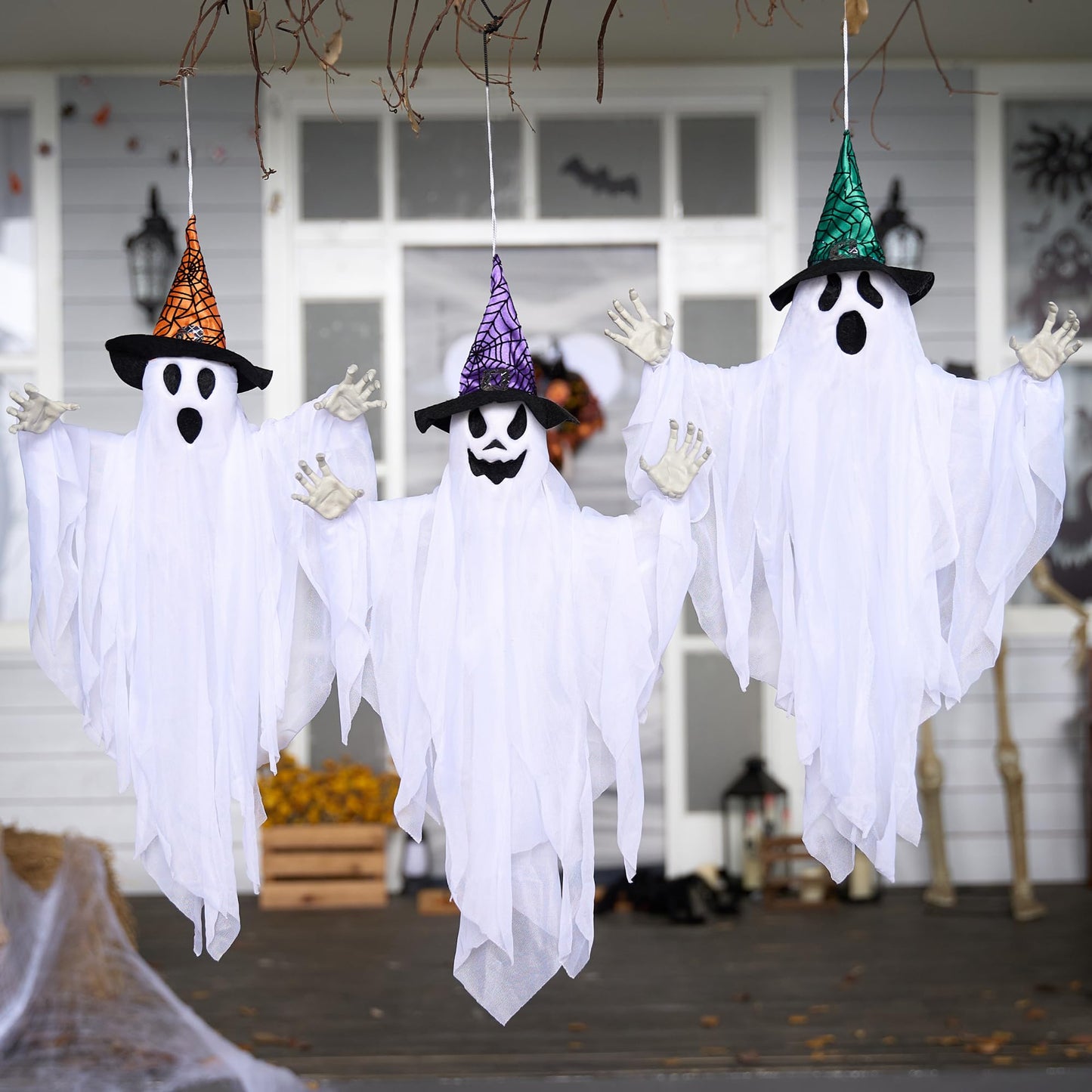 JOYIN 3 Pack 24.8" Halloween Hanging Ghost Decorations, Halloween White Flying Ghost with Hats for Haunted House Graveyard Scene, Spooky Indoor and Outdoor Decor