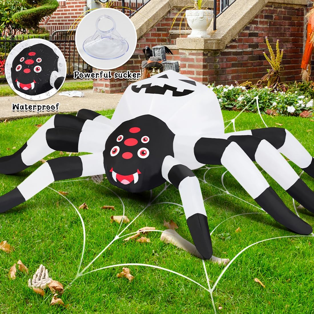 GOOSH 5FT Width Halloween Inflatables Outdoor Decorations Spider with Magic Light Broke Out from Window, Blow Up Yard Decorations with LED Lights for Party Yard Garden Lawn