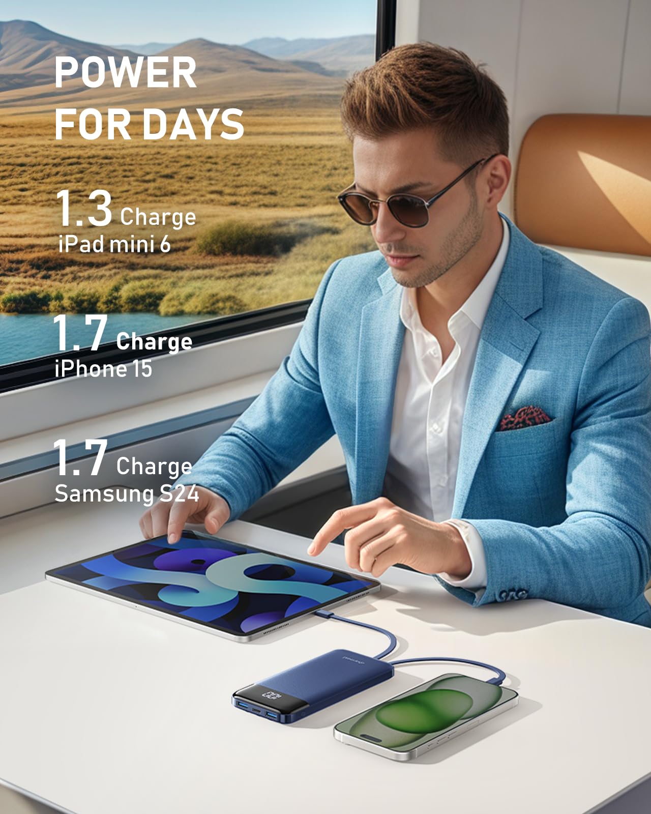 charmast Portable Charger with Built in Cables, 10000mAh Slim Power Bank, 15W USB C in&Out Port High Speed Charging External Charger, Battery Pack Compatible with iPhone 16 15 13 Samsung Google iPad