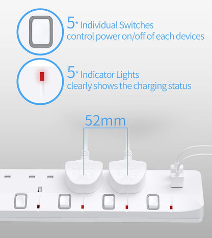 5M Extension Lead with Individual Switches, 13A 4 Way Power Strip 2 USB Lead with USB Slots Multi Plug Socket Extensions 5 Meters Long Extension Cord