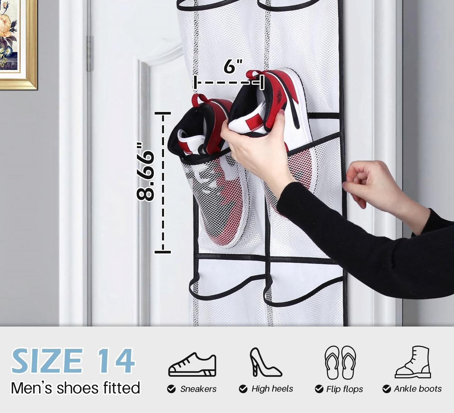 MISSLO Over The Door Shoe Organizer 12 Large Mesh Pockets Hanging Narrow Closet Door, White, 2 Pack