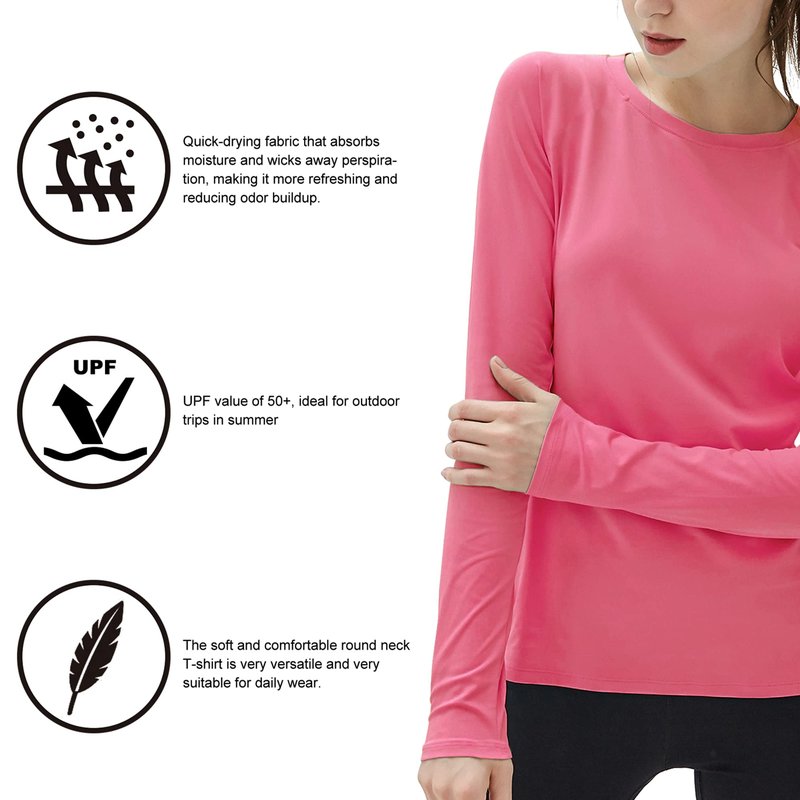isnowood Swim Shirts for Women, UPF 50+ UV Sun Protection Long Sleeve Shirt, Lightweight Quick Dry Workout Hiking Running Rash Guard Top Bright Pink