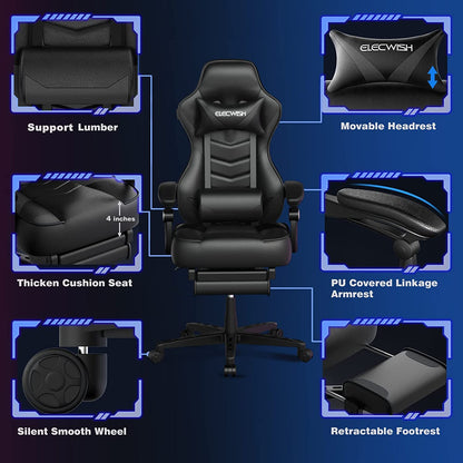 ELECWISH Gaming Chair, Reclining Computer Chair with Footrest and Lumbar Support, High Back Ergonomic for Adults with Headrest PU Leather