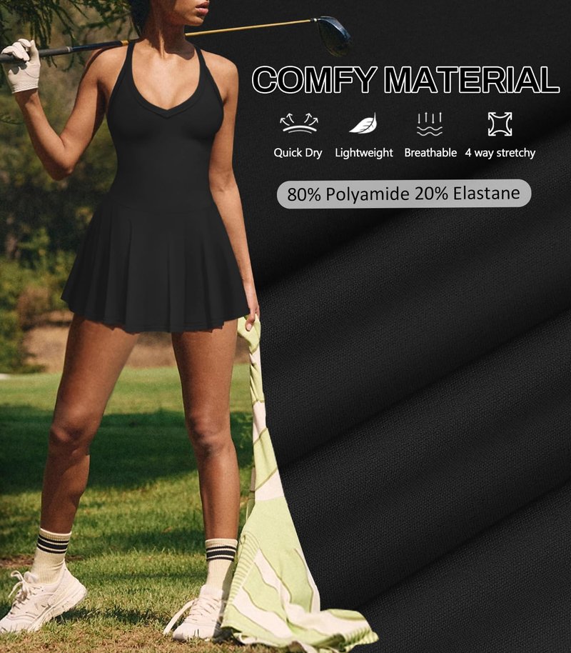 Hragc Women's Sexy V Neck Pleated Flowy Tennis Black Dress for Women Medium Athletic Golf Workou Active Summer Sleeveless Tank Mini Dresses with Shorts Pockets