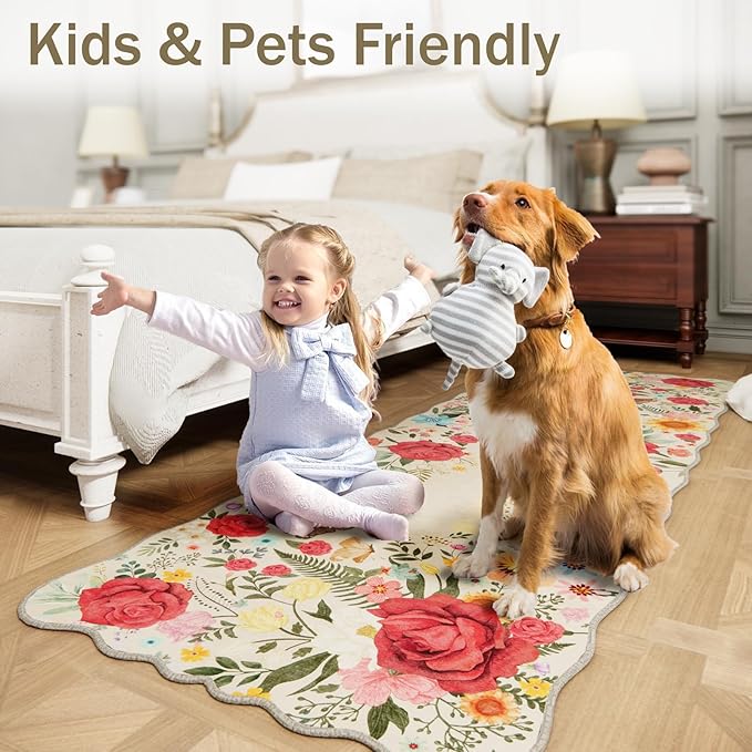 Washable Rugs for Living Room: 5x7 Area Rugs for Bedroom Soft Ultra Thin Stain Resistant Non Slip Low Pile Lightweight Vintage Floral Carpet for Dining Room Decor (Beige)