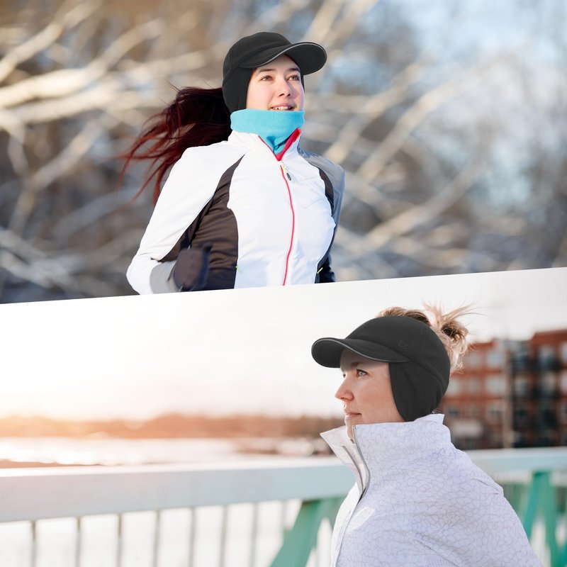 GADIEMKENSD Fleece Winter Hats for Women Reflective Ponytail Hat with Ear Flap Drop Down Ear Warmer Visor Beanie Double Ponytails Hole Baseball Cap for Running Skiing Workout Black