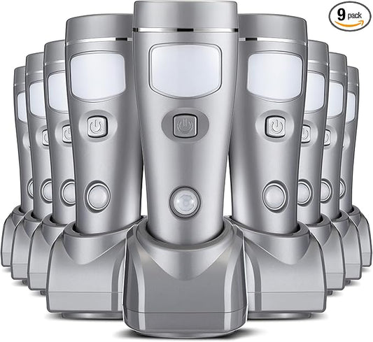 Enhon 9 Pack Rechargeable 4-in-1 LED Emergency Lights, Plug-in Flashlights with Motion Sensor Night Light, Auto-On Power Failure Light for Home, Hurricane, and Outage Supplies