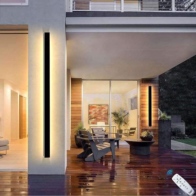 92In Modern Outdoor Wall Lights 2 Pack, 2700K-6500K Dimmable Black Exterior Wall Light Fixtures Wall Mount, Waterproof Linear Porch Lights Long Strip Wall Lamp Outside Lighting for House