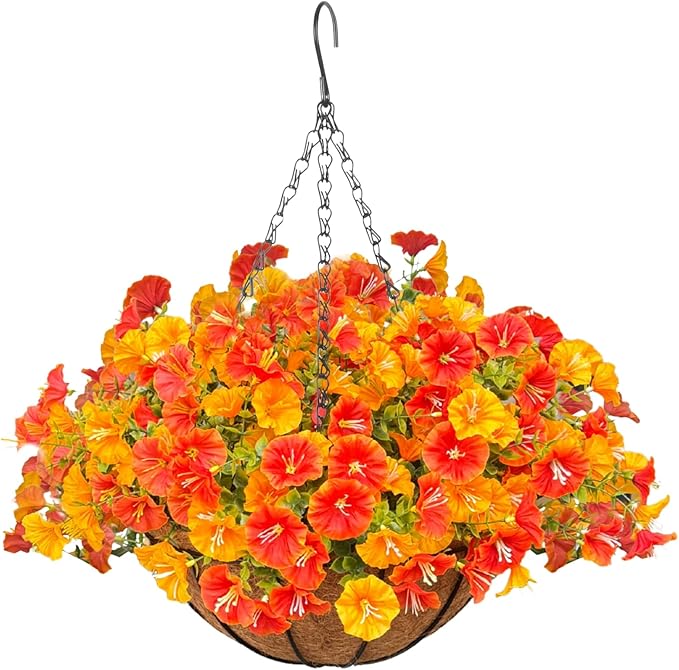 Florielle Artificial Hanging Faux Flowers Basket, Fake Silk Petunias Plants Arrangement,for Summer Fall Outdoor Decoration,UV Resistant, Morning Glorias,for Home Garden Decor (Orange&Yellow)