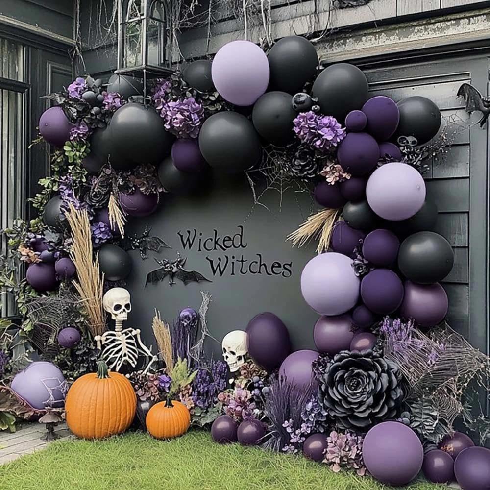 Black Purple Balloon Arch Kit Double Stuffed Dark Purple Black Balloon Garland for Halloween Ghost Witch Birthday Baby Shower Anniversary Party Decorations