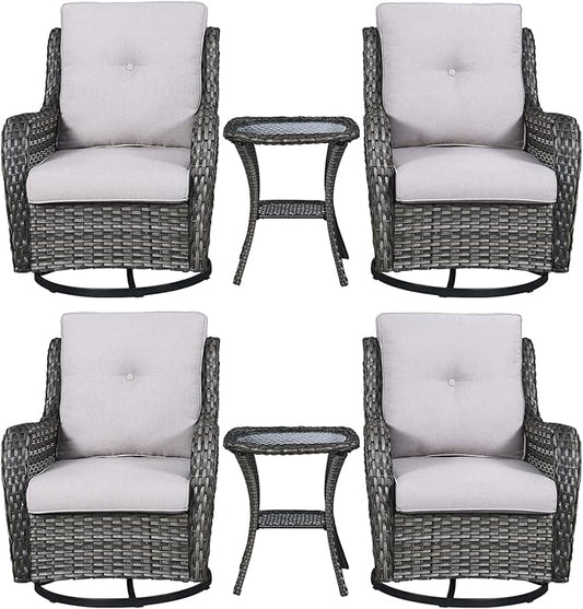 Rilyson Wicker Rocking Chair Swivel Chairs – 6 Piece Rocker Patio Furniture Set Rattan Rocking Bistro Sets with Glass Top Side Table for Outdoor Porch Deck Garden Backyard(Mixed Grey/Beige)
