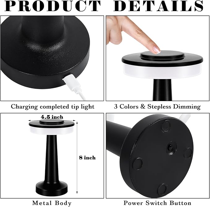 Riakrum Set of 2 LED Portable Cordless Table Lamp with Touch Sensor 3 Color Stepless Dimming Rechargeable Battery up to 15 Hours Cordless Table Light Wireless Lamp for Nursery(Black,4 Pcs)