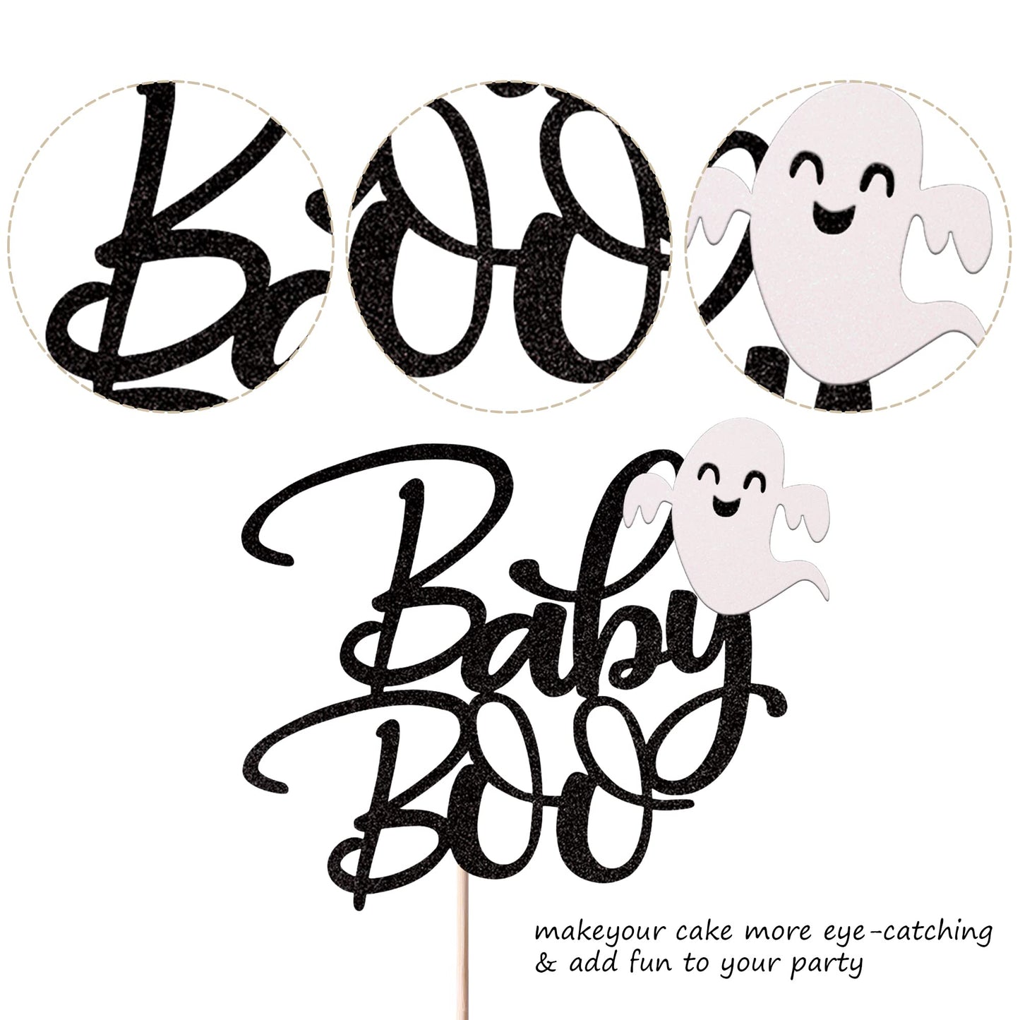 Rsstarxi 1 Pack Ghost Baby Boo Cake Topper Glitter Spooky Little Boo Cake Pick for Halloween Theme Baby Shower Kids Boys Girls Birthday Party Cake Decorations Supplies Black