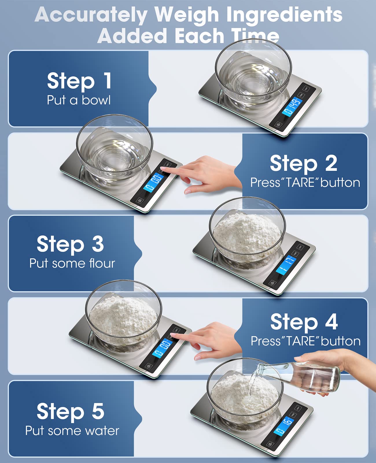Nicewell Food Scale, 22lb Digital Kitchen Scale Weight Grams and oz for Cooking Baking, 1g/0.1oz Precise Graduation, Stainless Steel and Tempered Glass (Ash Silver)