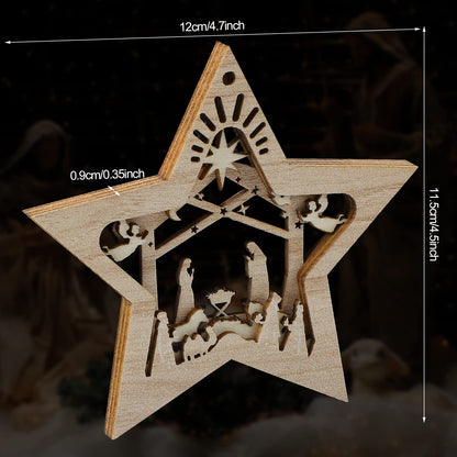 Blulu 12 Pieces Christmas Nativity Scene Ornaments Set Bulk 3D Christian Wooden Hanging Ornament Xmas Tree Nativity Ornaments The Birth of Jesus Story Decor Religious Gift for Family (Star Shaped)