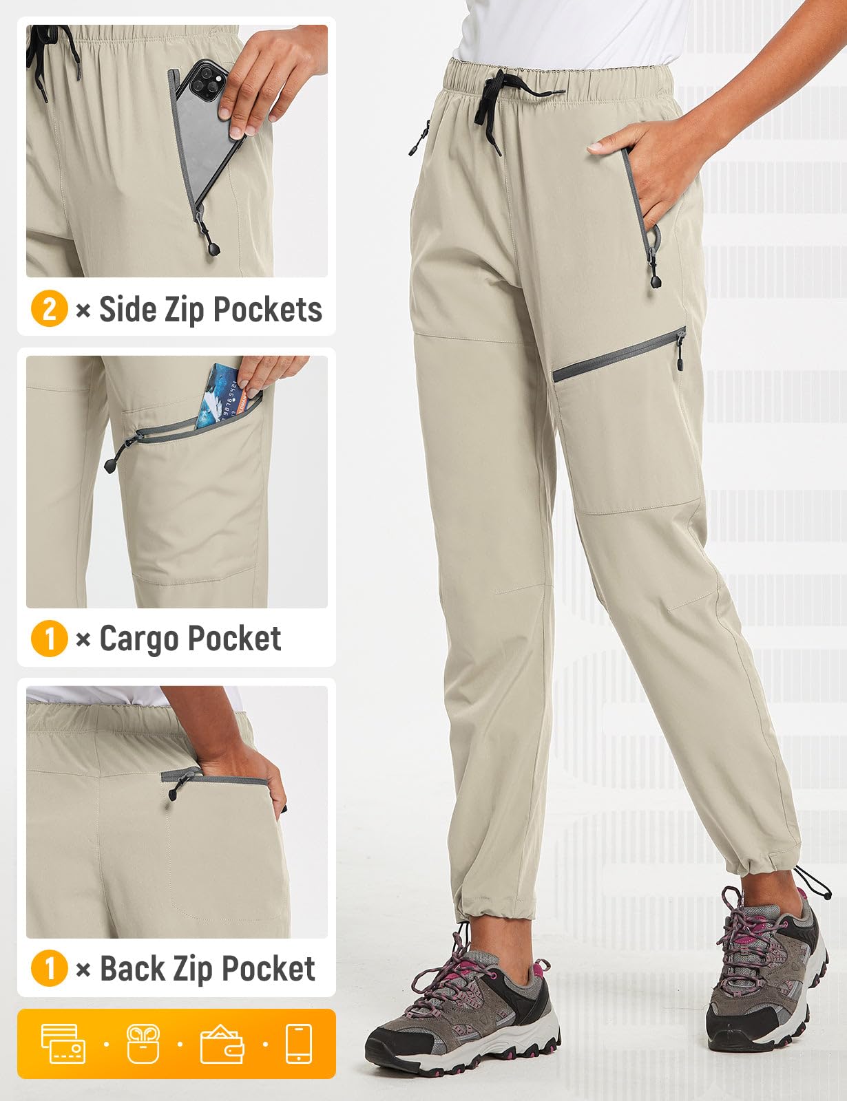baleaf Cargo Pants for Women Petite Joggers Lightweight Quick Dry Pant Water Resistant 27'' Travel Workout Athletic Suntan Size L