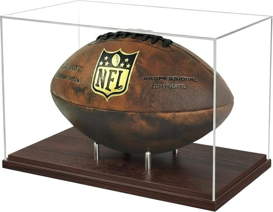 Football Display Case - Clear Acrylic Holder with Walnut Wood Base | Full Size Autograph Stand, No Assembly Required