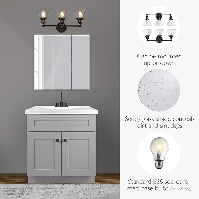 Design House Augustin Vanity Light, 3-Light, Seeded Glass Warm Glow, Dimmable, Up/Down Glow, Easy Installation, E26 Socket, Black, 25.9 in L x 8.3 in D x 11.1 in H, 589036-BLK