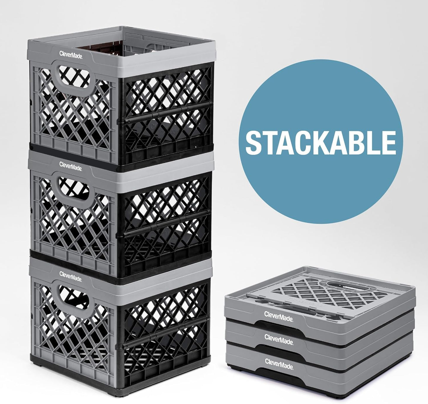 CleverMade Collapsible Milk Crate, Obsidian, 1PK - 25L (6 Gal) Stackable Storage Bins, Holds 50lbs Per Bin - Clevercrates are Heavy Duty, Plastic Collapsible Storage Crate for Multi Purposes