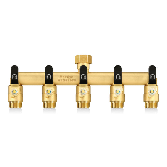 LNEZCDB 5 Way Hose Splitter, Heavy Duty Full Flow Garden Water Hose Bib Spigot Splitter, Brass Rust and Freeze Resistant Outdoor Faucet Splitter, T Adapter Connector with 3/4 - Inch GHT Thread （Black）