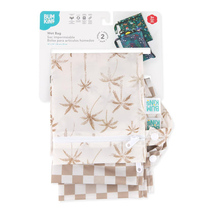 Bumkins Waterproof Wet Bag for Baby, Travel, Swim Suit, Cloth Diapers, Pump Parts, Pool, Beach, Gym Clothes, Toiletry, Hook to Stroller, Daycare, Zip Reusable Wetdry Pack, 2-pk Palm Trees, Beige Check