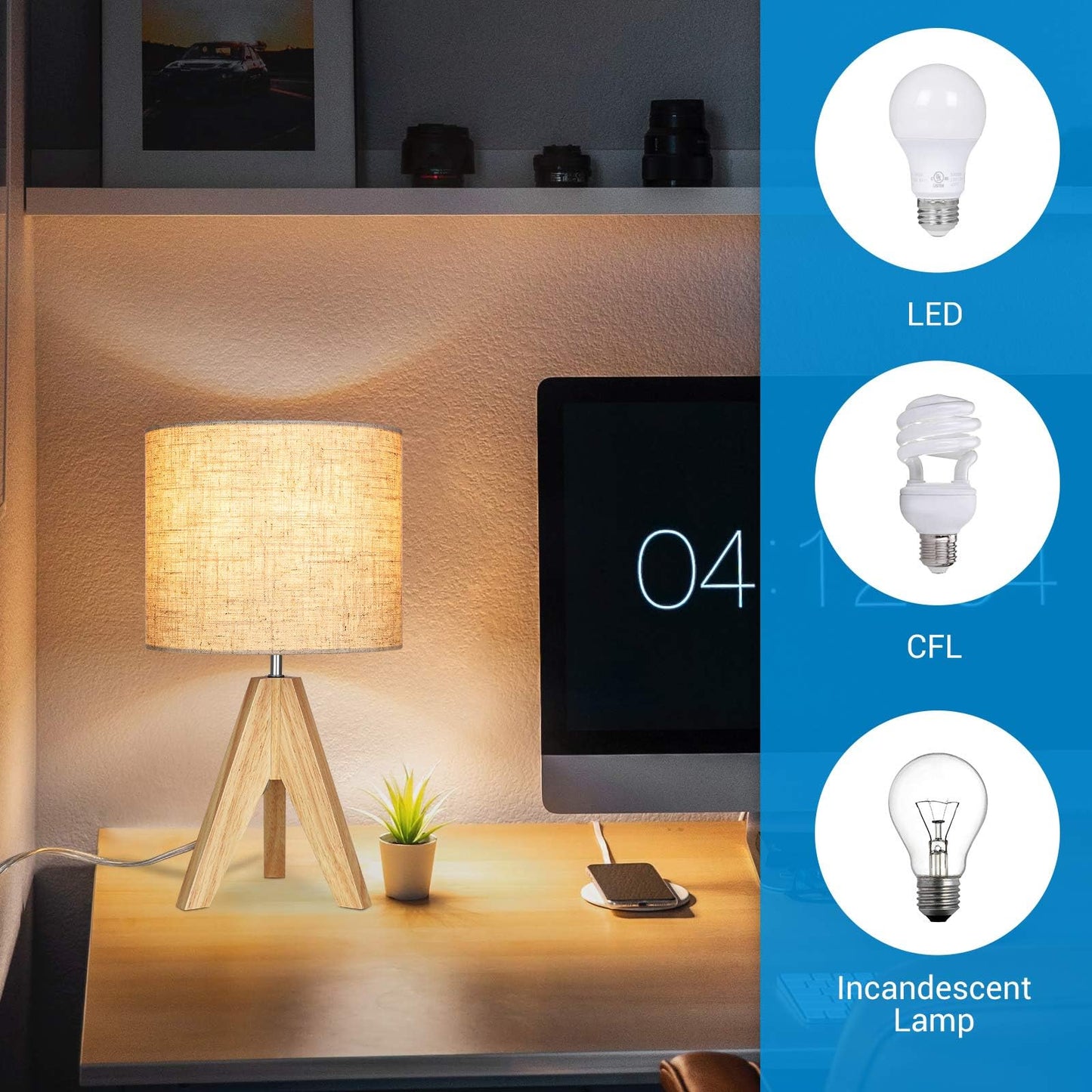EDISHINE 36cm Wood Bedside Table Lamp, Tripod Desk Lamp with Beige Linen Lampshade, On-Off Switch, Desk Lamps for Reading, Bedroom, Living Room, Study, Office, E27 Base