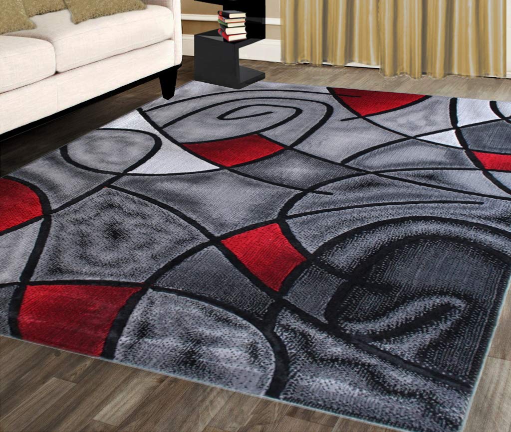 Masada Rugs, Modern Contemporary Area Rug, Red Grey Black. (8 Feet X 10 Feet)