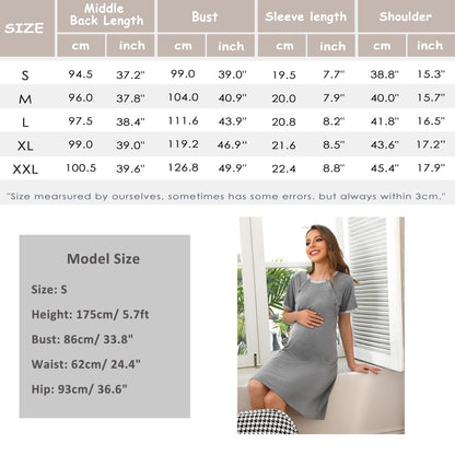Sykooria Women's Maternity Nightdress Breastfeeding Nightwear Short Sleeve Nursing Nightgown Button Down Sleep Shirt V Neck Pajama Tops Soft Loungwear For Pregnant Women(Stripe Pink,M)