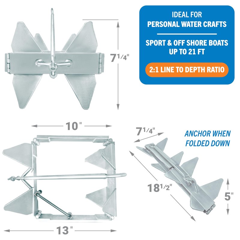 Better Boat 13lb Box Anchor for Boats up to 21ft, Folding Boat Anchor Hot Dip Galvanized, Double Sided Slide Anchor for Pontoon and Fishing Boats, Collapsible