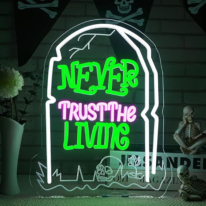 Never Trust The Living Neon Sign Halloween LED Sign for Window Dimmable USB Powered Tombstone Light for Wall Decor Light Up Halloween Signs for Room Bar Secrets Spooky House Decor