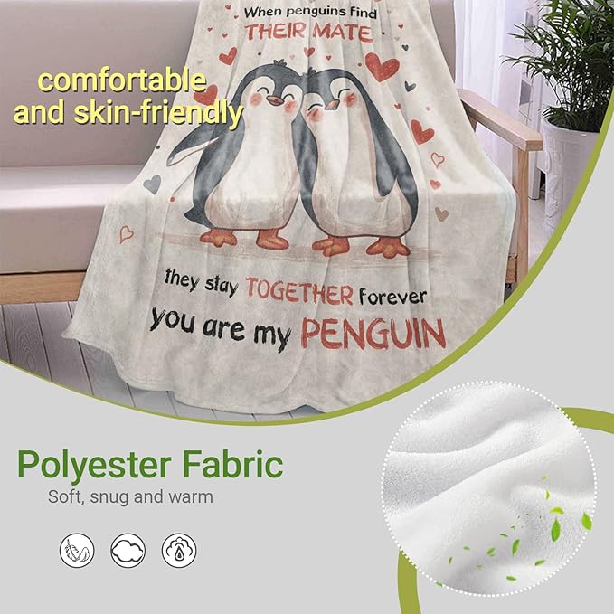 Cute Penguin Couple Lightweight Throw Blanket, Adorable Cartoon Animal with Heart, Warm Soft Cozy Flannel Blankets, Couch Dorm Home Decor All Season Use, 80x60in, Beige, Gifts for Friends