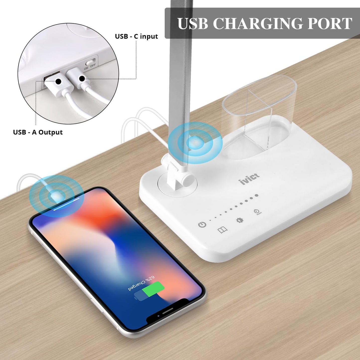 iVict Dual Swing Arm LED Desk Lamps, 5 Light Modes x 10 Brightness Levels Desk Light with USB Charging Port, 45 Minutes Auto Timer Table Lamp, Desk Lamp for Home Office, Bedroom, Reading