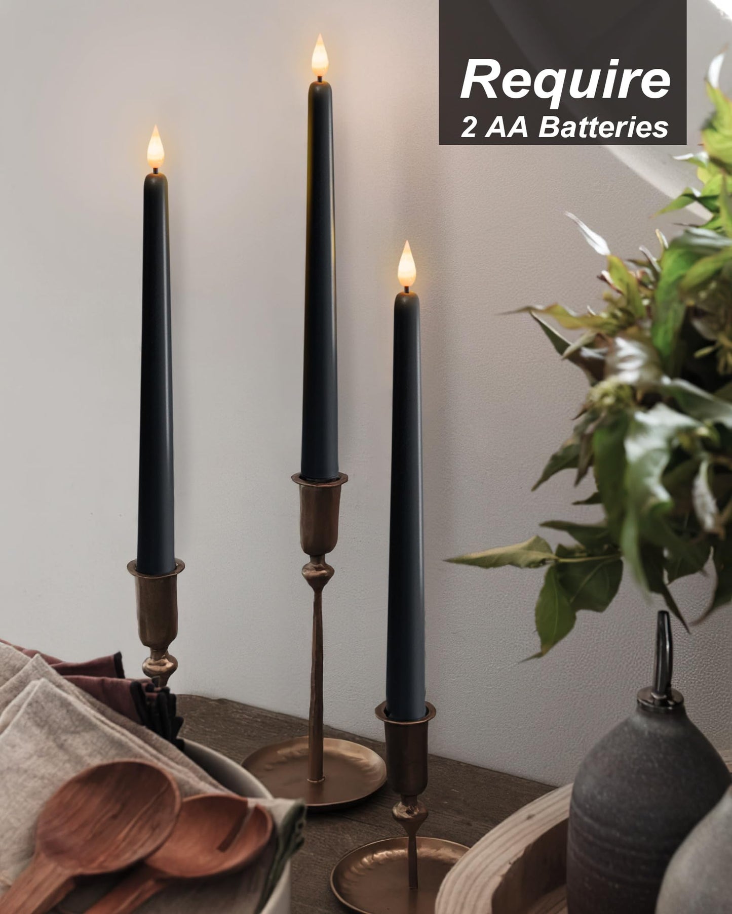 Homemory 12 Pcs Black Flameless Taper Candles Flickering, NO Remote, 11 Inches Taper Candles Battery Operated, Realistic Electric LED Candlesticks Made of Plastic for Halloween Party Home Decor