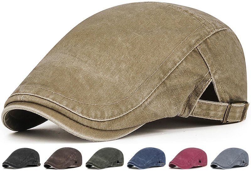 Initlove Mens Newsboy Cap Washed Beret Ivy Hat Flat Hats for Cabbie Driving Khaki