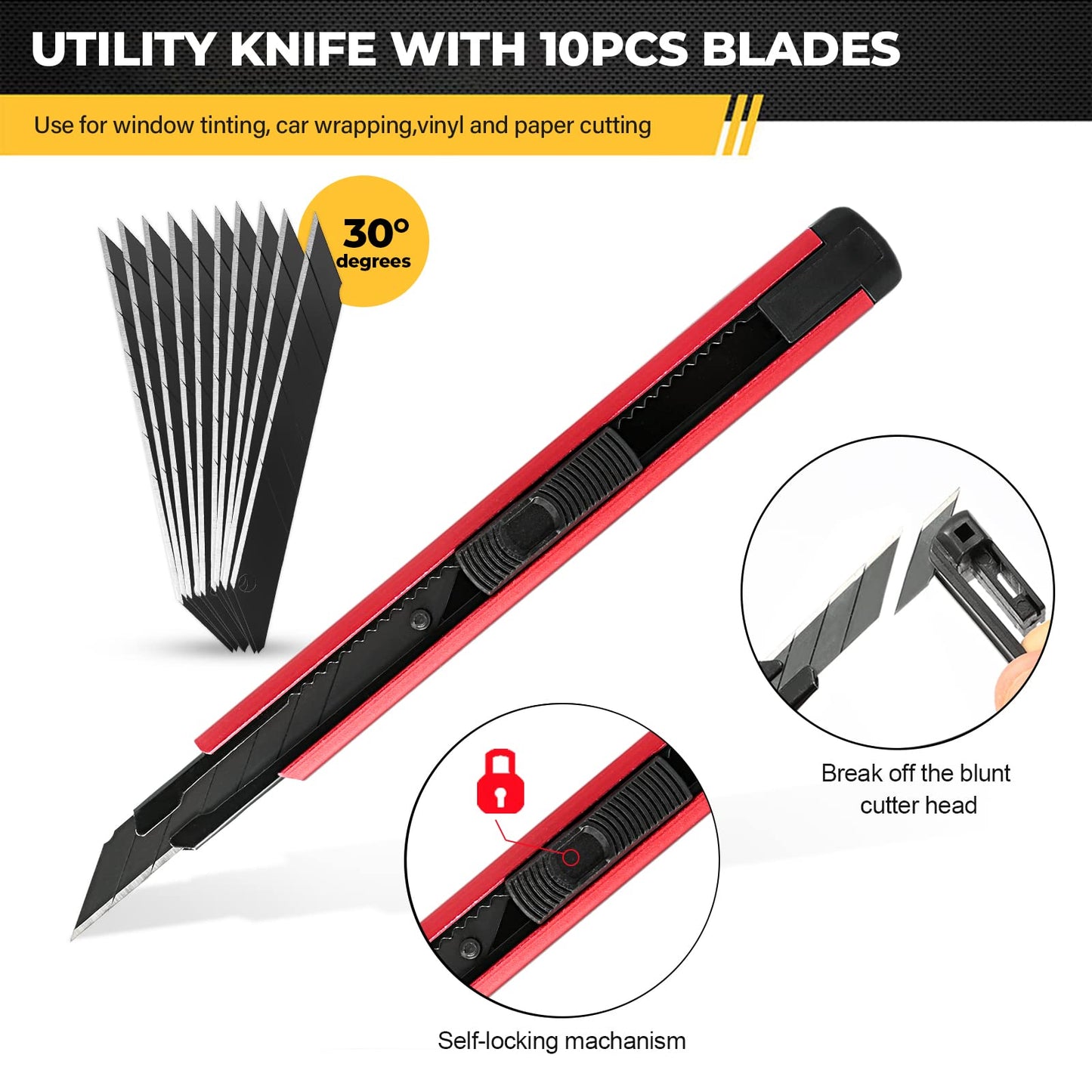 Gomake Vehicle Vinyl Wrap Window Tint Film Tool Kit Include 4 Inch Felt Squeegee, Retractable 9mm Utility Knife and Blades, Zippy Vinyl Cutter and Mini Go Corner Squeegee for Car Wrapping