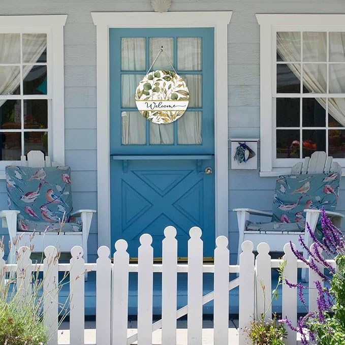 Welcome Sign for Front Door Decor Wreath Tropical Flowers Plants 12 Inch Farmhouse Wood Wall Hanging Outdoor Home Porch Decorations