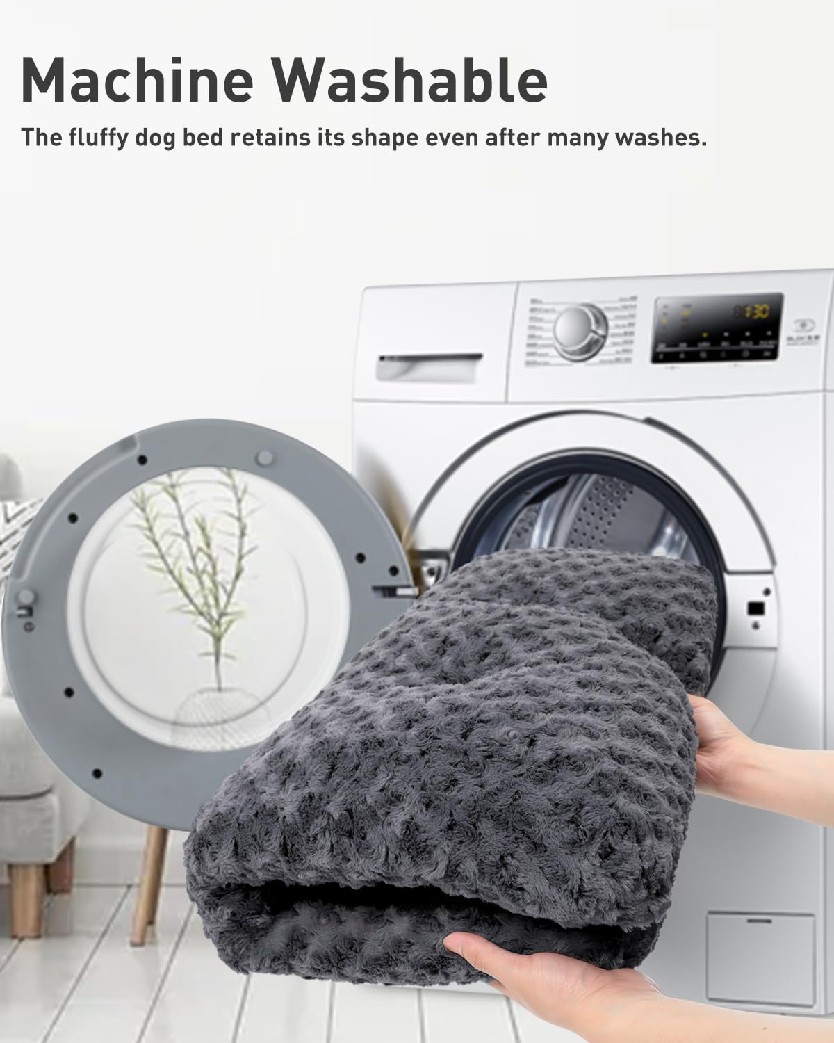 KSIIA Large Dog Bed Washable, Calming Crate Mattress with Non Skid Bottom, Fluffy Anti Anxiety Dog Beds, Pet Pillow Cushion, Dark Grey, 90x60x8cm
