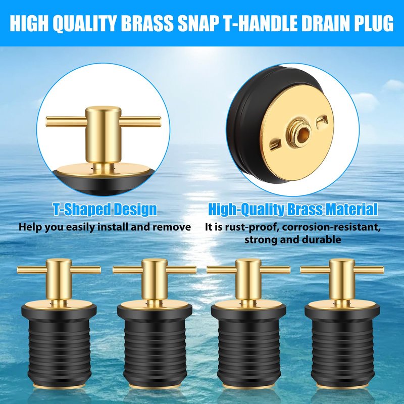 Linkstyle 4 PCS Brass T-Handle Drain Plug, Marine Boat Drain Plugs for 1 Inch Diameter Drains Locks, Twist-Turn and Seal Design Rubber Plugs T-Handle Drain Plug for Yachts Kayaks
