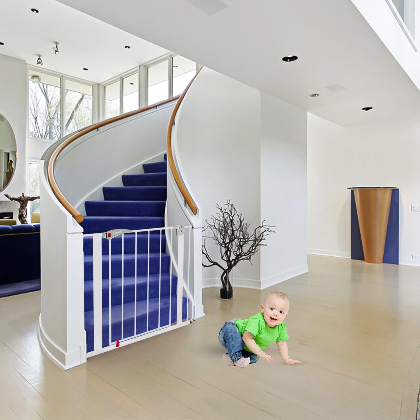 Baby Gate for Doors and Stairs, 10 cm Extension, Stair Gate Pressure Fit - No Screws, Child Stair Gate for Widths 75 to 85 cm, Dog Safety Gate One-Handed Opening to Both Sides, Metal, White/Grey