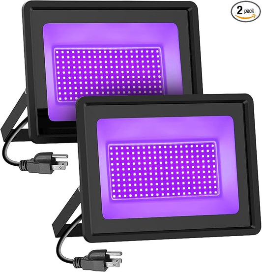 2 Pack 300W Black Lights, LED Blacklight Flood Light with Plug, IP66 Waterproof Black Flood Light Neon Glow for Party, Halloween, Fluorescent Poster, Body Paint
