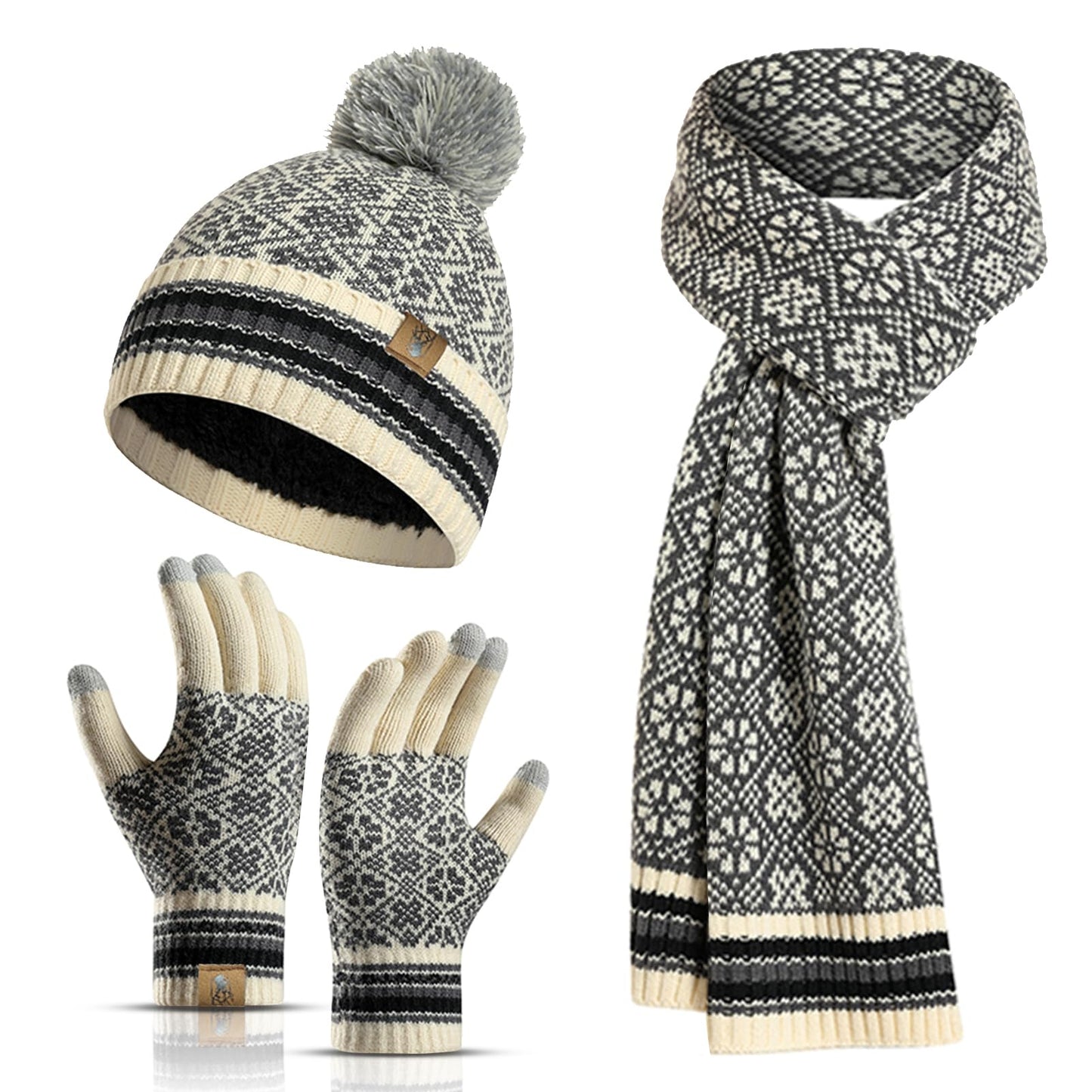 Winter Beanie Hat Long Scarf and Touchscreen Gloves for Women Fleece Lined Skull Cap Neck Scarves for Men 3Pcs