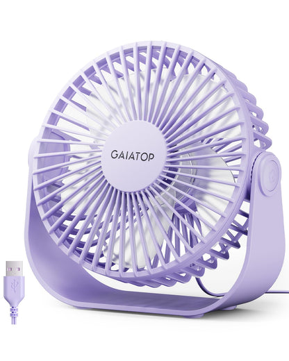 Gaiatop USB Desk Fan, 3 Speeds Strong Airflow, 5.5 Inch Portable 90° Rotate Quiet Cooling, Small Personal Table Fans for Bedroom Home Office Travel Purple