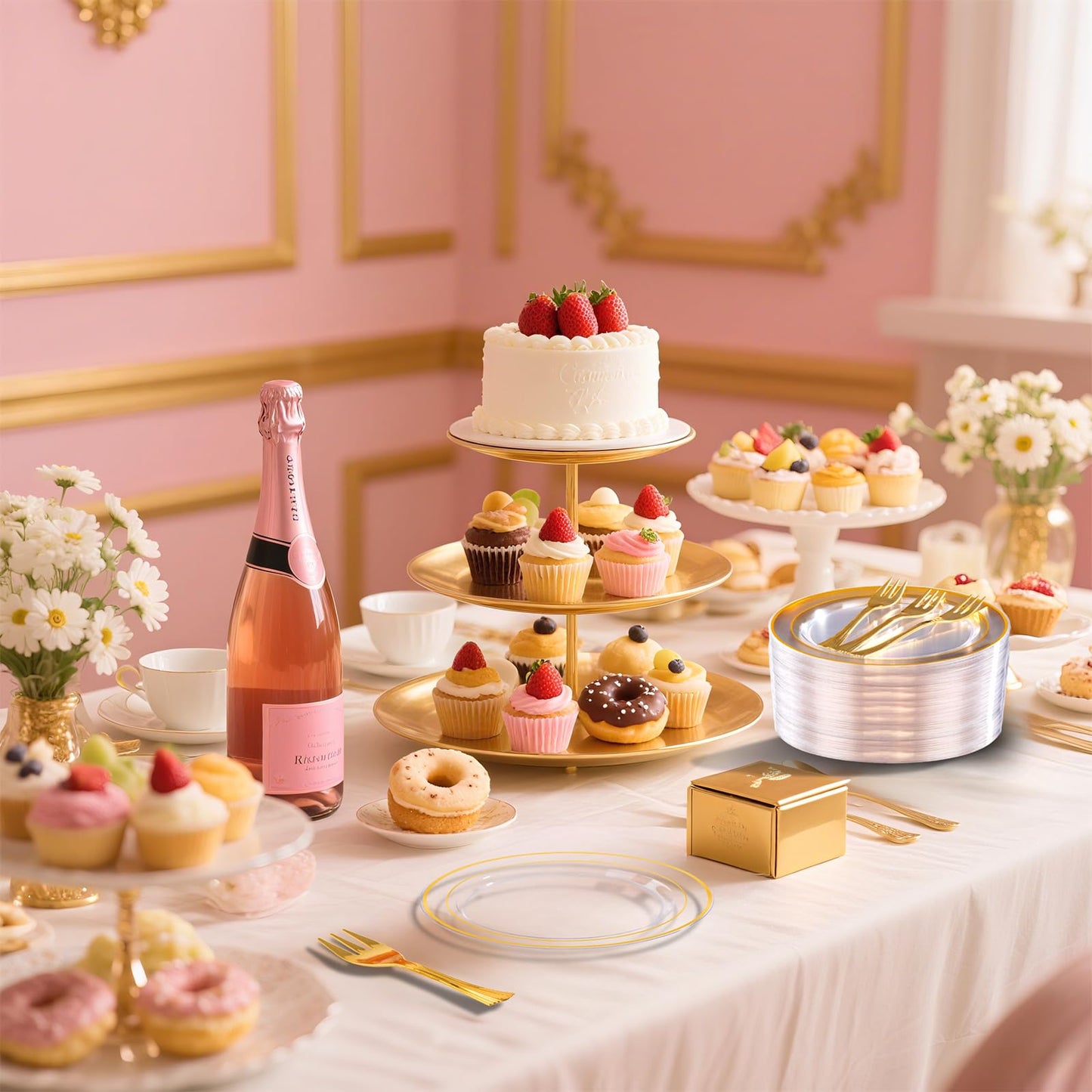 DaYammi 240Pcs Appetizer Plates Include 120Pcs Gold Dessert Plates 6.3inch with 120Pcs Gold Plastic Forks 5.7inch,Clear gold plates Disposable Salad Plate for Party Cake Plate for Wedding