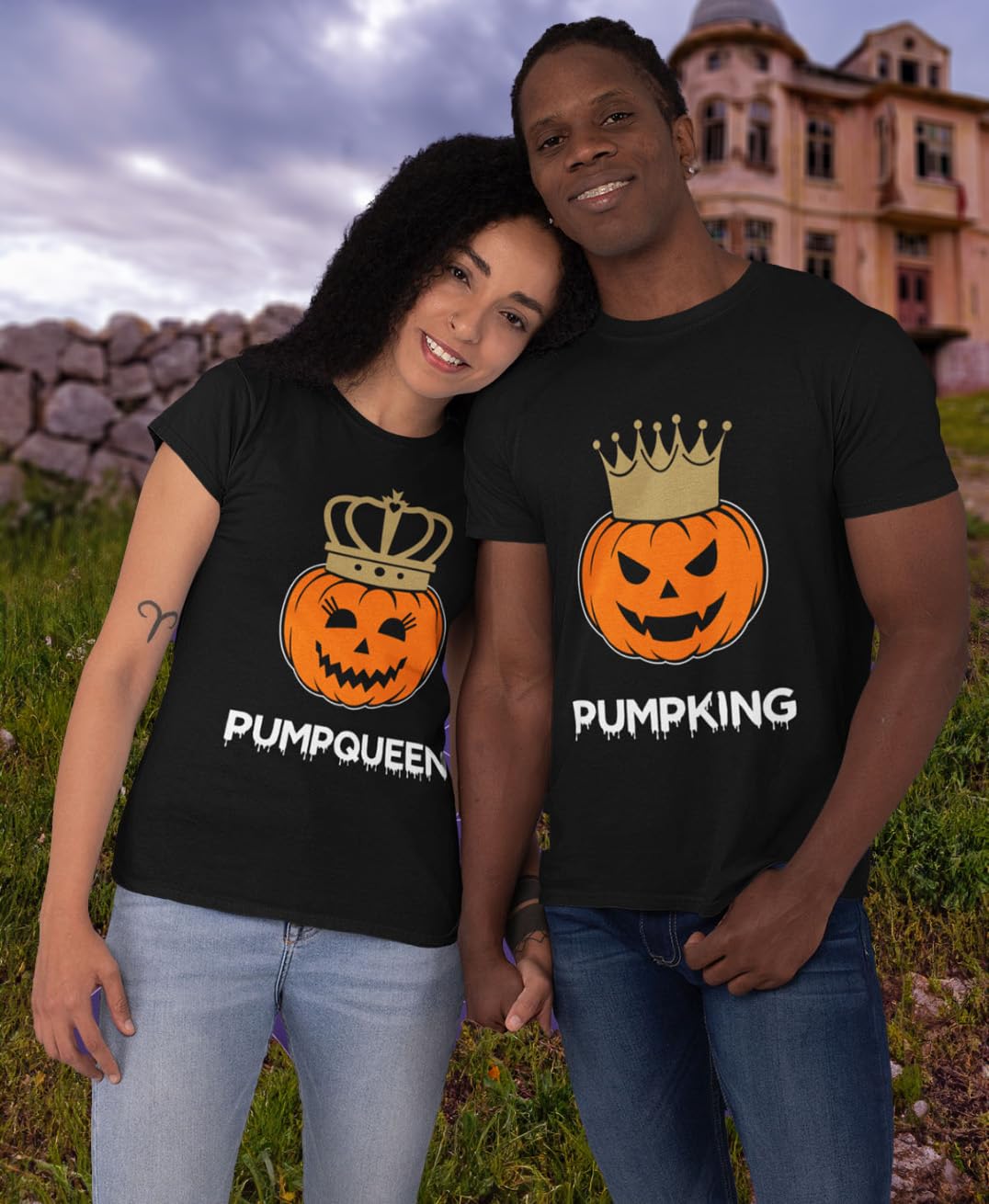 Tstars Pumpking & Pumpqueen Halloween T-Shirt Set - His and Hers Matching Outfit for Couples, Husband Wife PumpKing Black Large/PumpQueen Black Medium