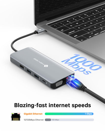USB C Docking Station Triple Monitor, NOVOO RM11 Docking Station Dual HDMI Adapter, 4K@60Hz HDMI, VGA Gigabit Ethernet 100W PD 4USB Ports, USB C Dock for MacBook and Other USBC Laptops